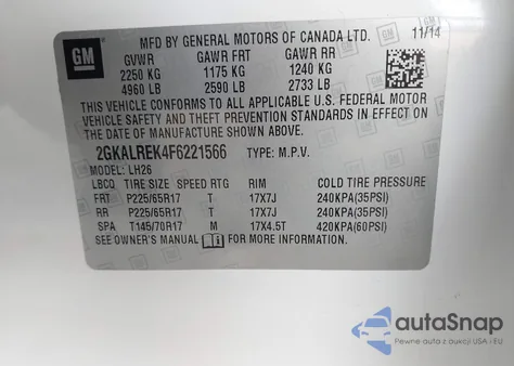 2015 GMC Terrain Sle-2 from USA, damaged, VIN 2GKALREK4F6221566
